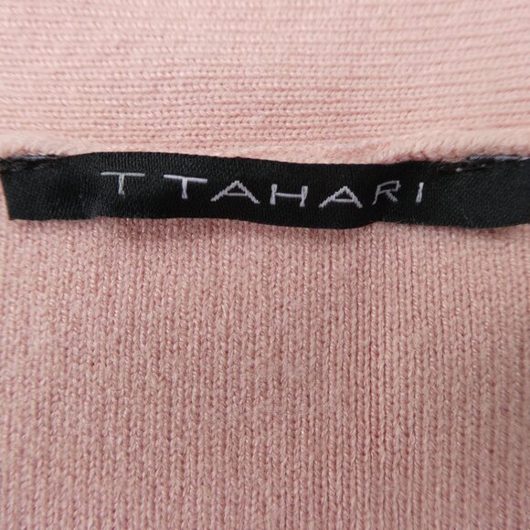 T Tahari Pink Knit Cardigan Pearlized Gold Rimmed Button Front L Librarian Large - Picture 6 of 9